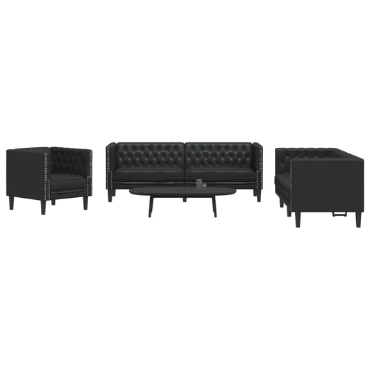 Set canapele Chesterfield cu 3 locuri, negru, piele eco.