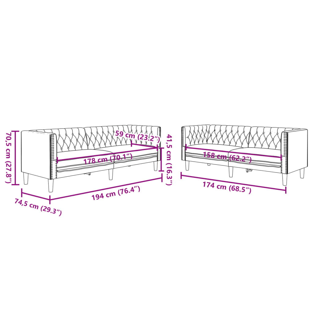 Set canapele Chesterfield cu 2 locuri, negru, piele eco.