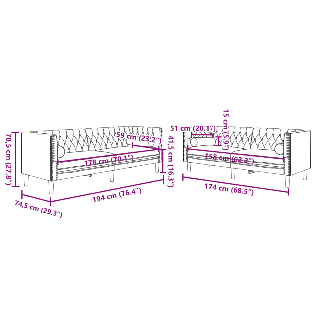 Set canapele Chesterfield cu perne rulou, 2 piese, gri, catifea