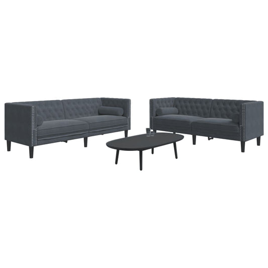 Set canapele Chesterfield cu perne rulou, 2 piese, gri, catifea