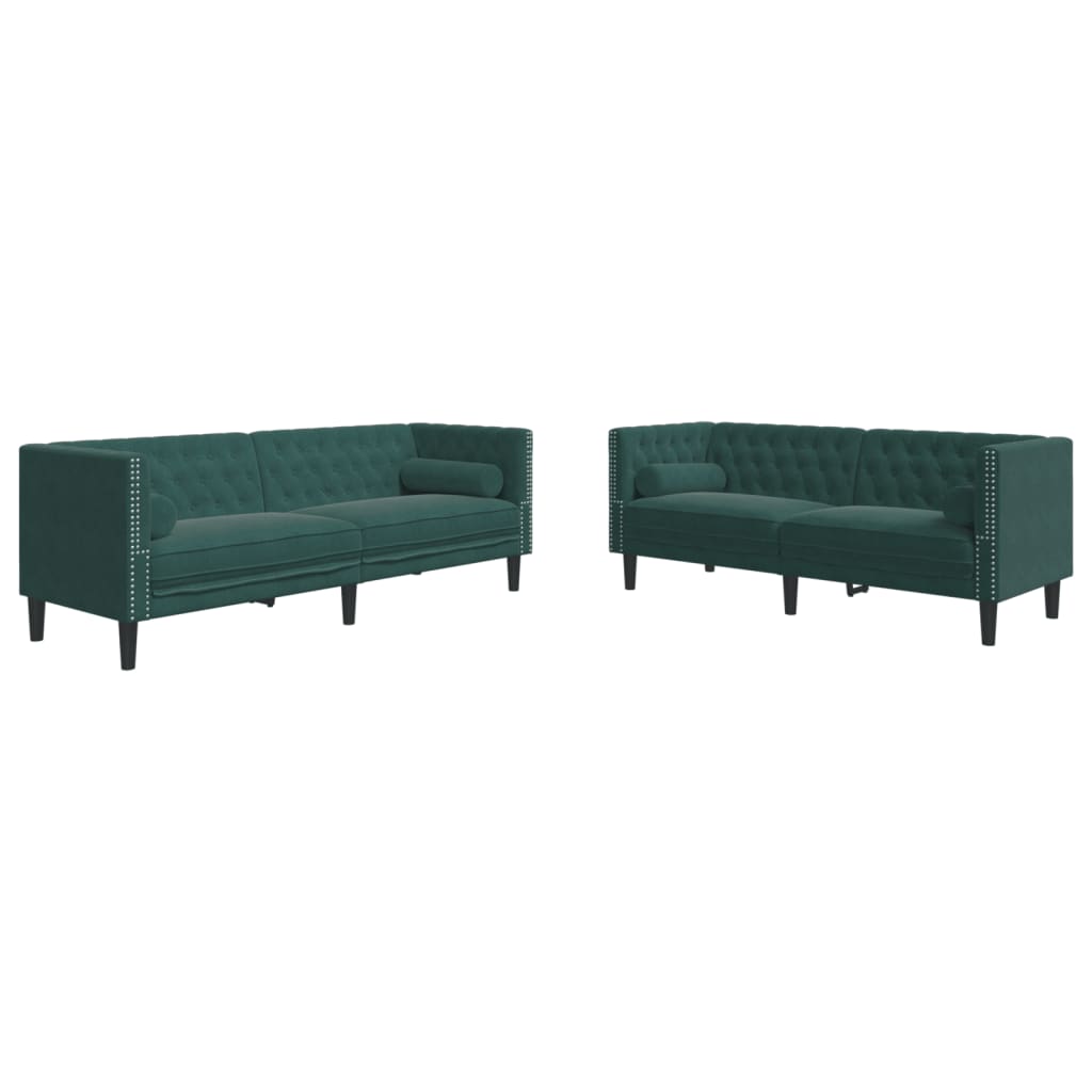 Set canapele Chesterfield cu perne rulou 2 piese verde catifea