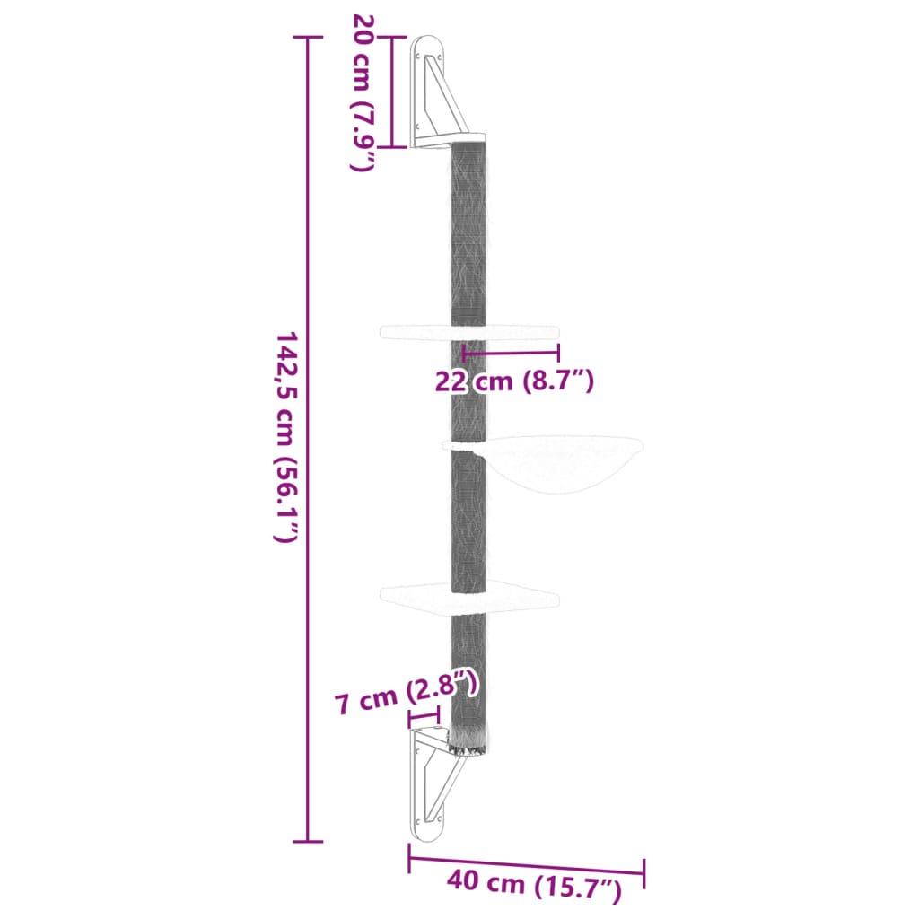 Ansamblu pisici perete cu stâlp zgâriere, gri deschis, 142,5 cm