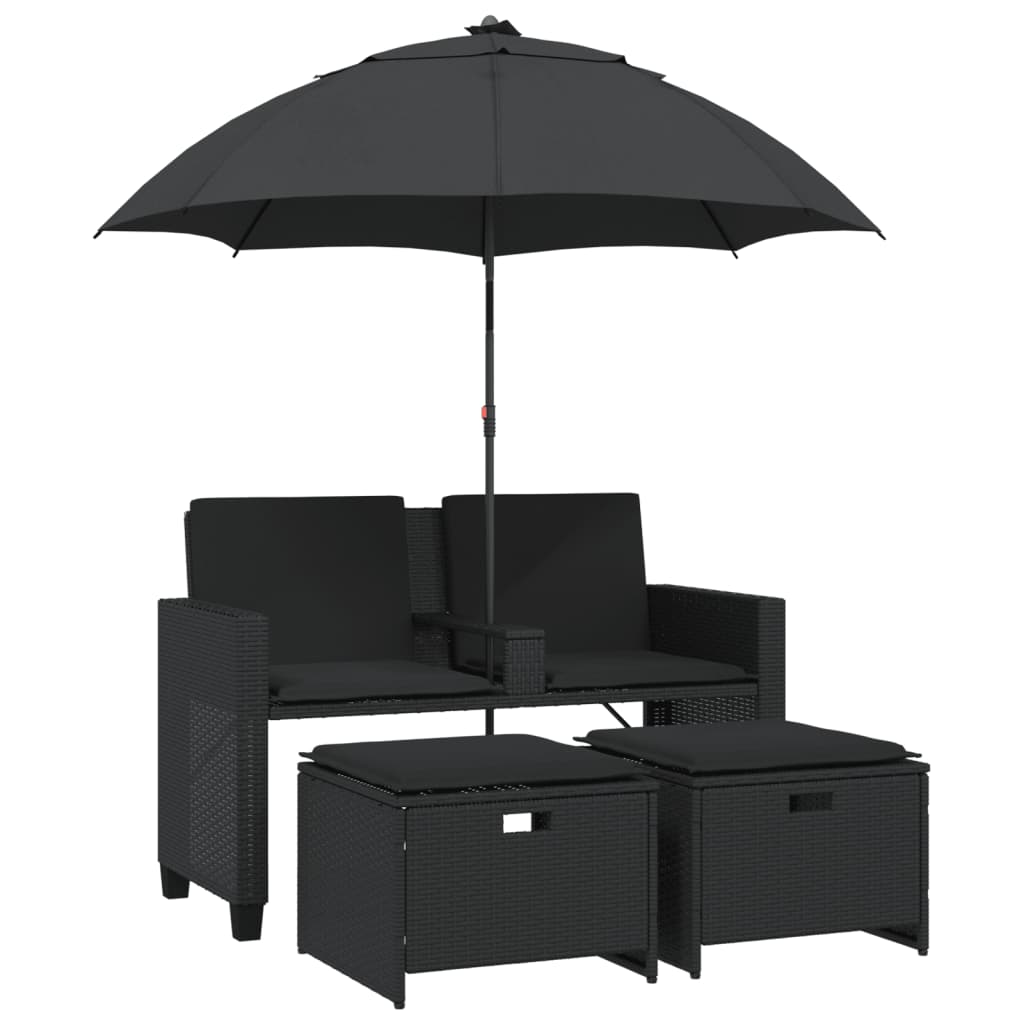 Canapea de grădină cu 2 locuri/umbrelă/taburete negru poliratan