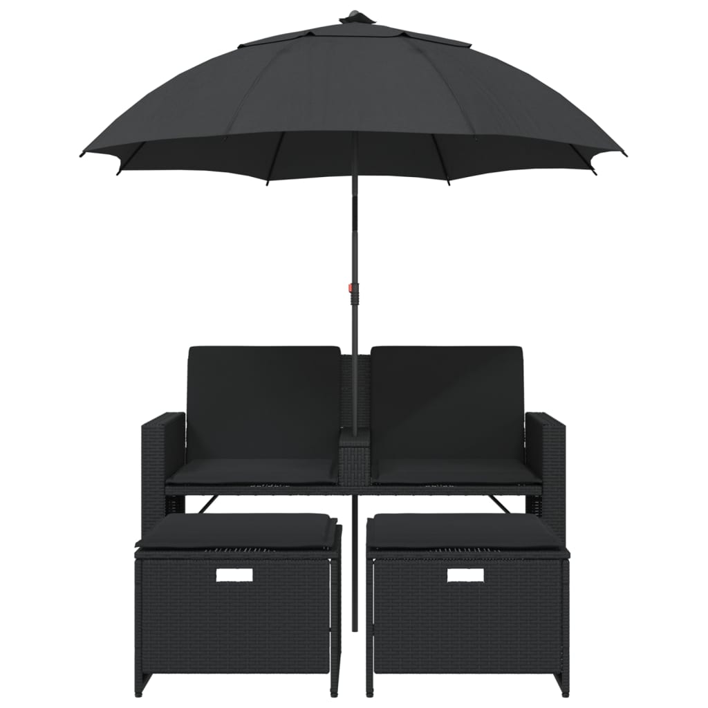 Canapea de grădină cu 2 locuri/umbrelă/taburete negru poliratan