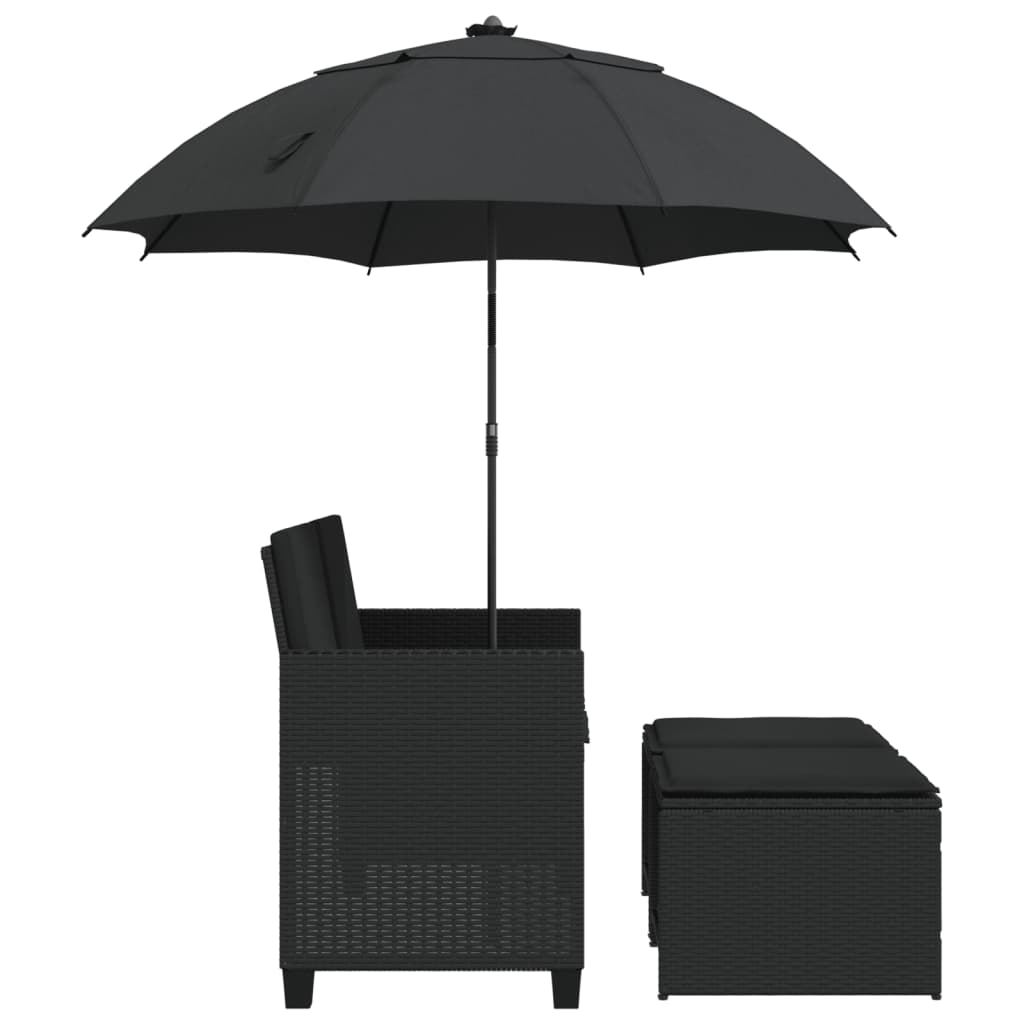 Canapea de grădină cu 2 locuri/umbrelă/taburete negru poliratan