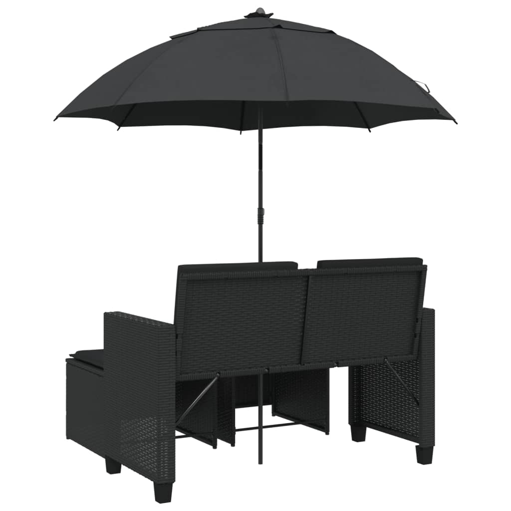 Canapea de grădină cu 2 locuri/umbrelă/taburete negru poliratan
