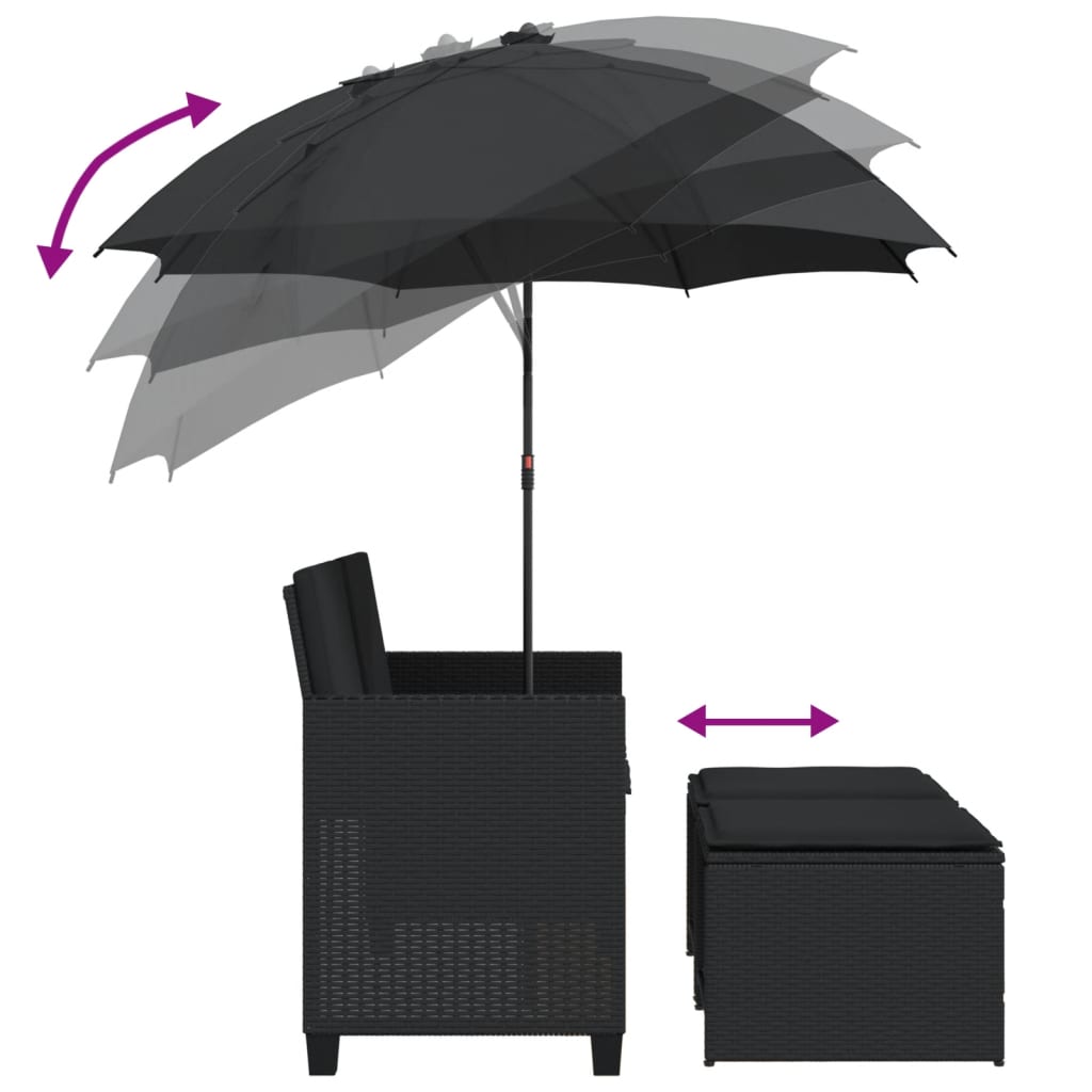Canapea de grădină cu 2 locuri/umbrelă/taburete negru poliratan