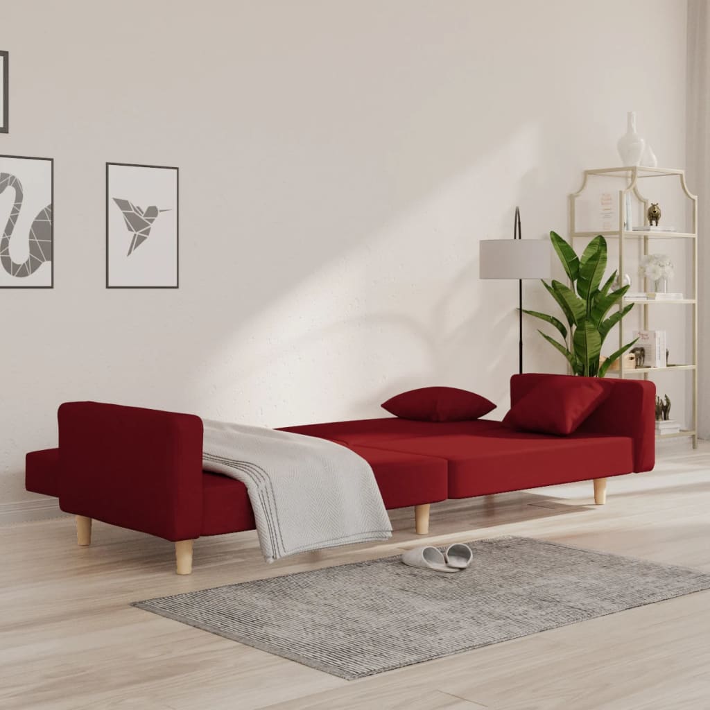 Canapea extensibilă cu 2 locuri, 2 perne, roșu vin, textil