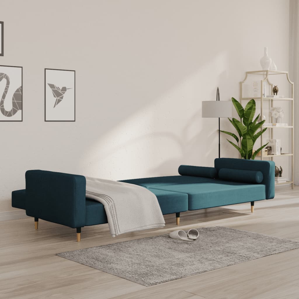 Canapea extensibilă cu 2 locuri, 2 perne, albastru, catifea