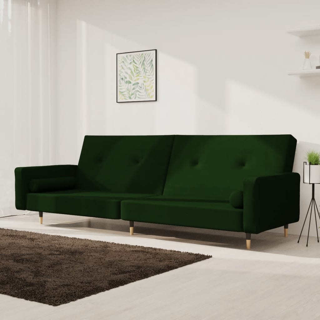 Canapea extensibilă cu 2 locuri, 2 perne, verde închis catifea