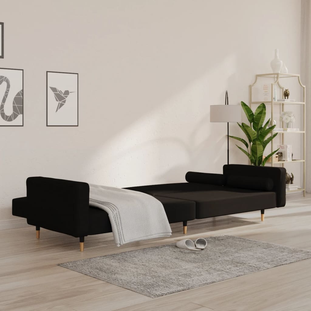 Canapea extensibilă cu 2 locuri, 2 perne, negru, catifea