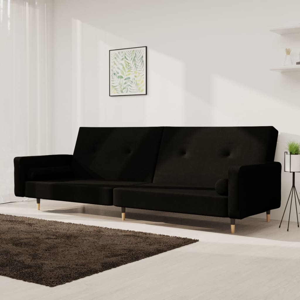 Canapea extensibilă cu 2 locuri, 2 perne, negru, catifea