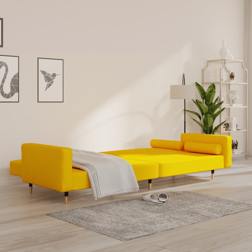 Canapea extensibilă cu 2 locuri, 2 perne, galben, catifea