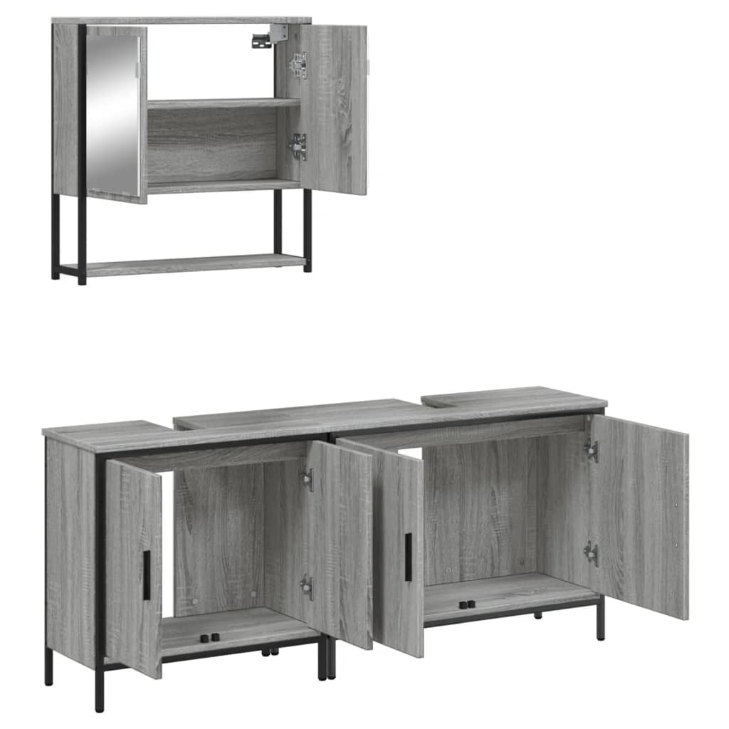 Set mobilier de baie, 3 piese, gri sonoma, lemn prelucrat