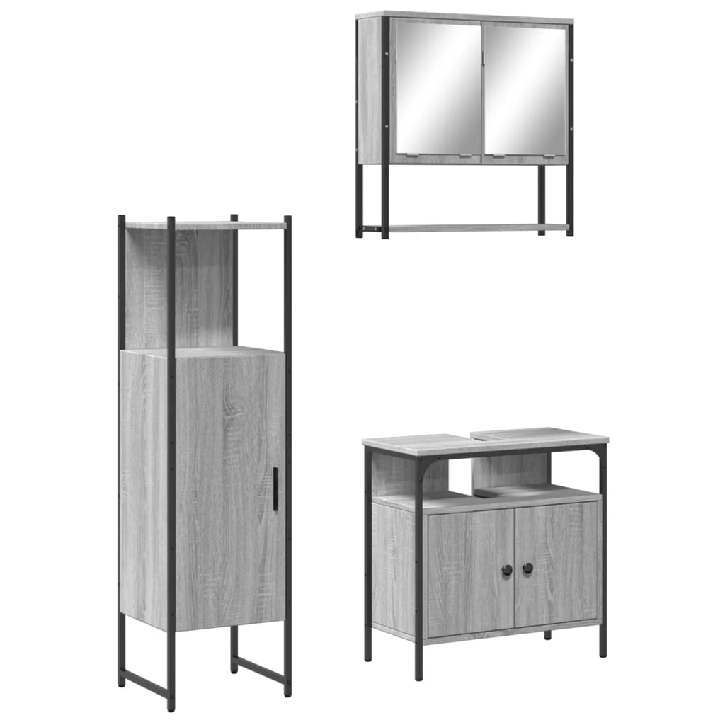 Set mobilier de baie, 3 piese, gri sonoma, lemn prelucrat