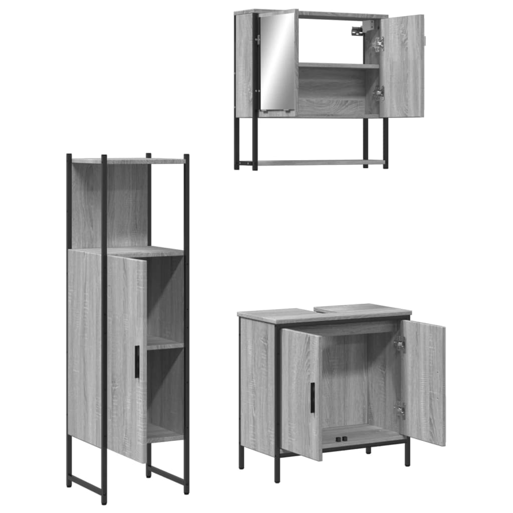 Set mobilier de baie, 3 piese, gri sonoma, lemn prelucrat