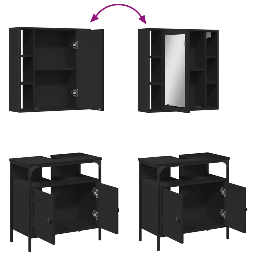 Set mobilier de baie, 2 piese, negru, lemn compozit