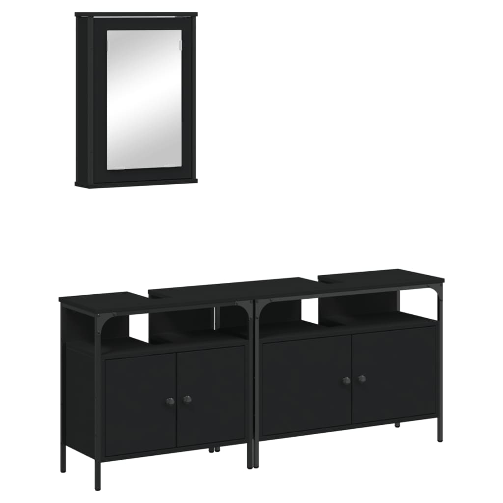 Set mobilier de baie, 3 piese, negru, lemn compozit