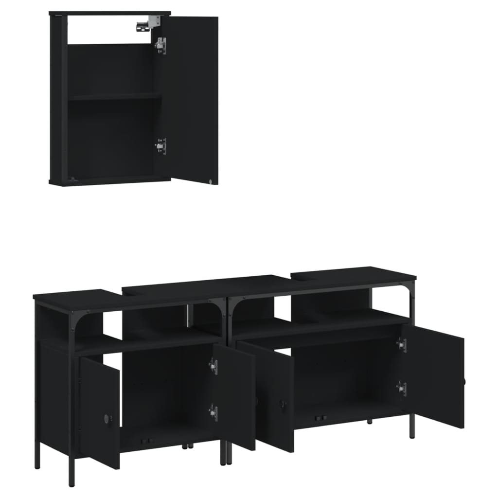 Set mobilier de baie, 3 piese, negru, lemn compozit