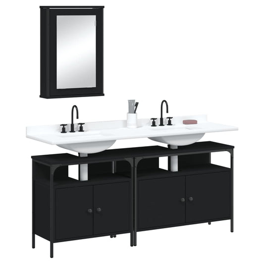 Set mobilier de baie, 3 piese, negru, lemn compozit