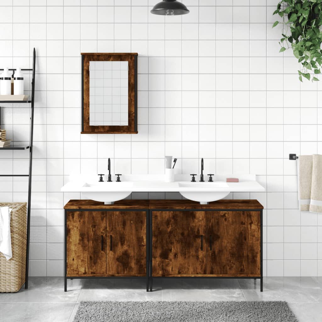 Set mobilier de baie, 3 piese, stejar fumuriu, lemn prelucrat