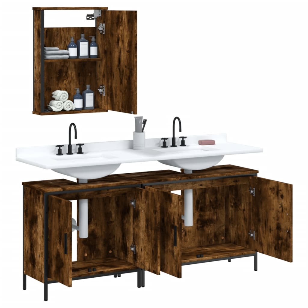 Set mobilier de baie, 3 piese, stejar fumuriu, lemn prelucrat