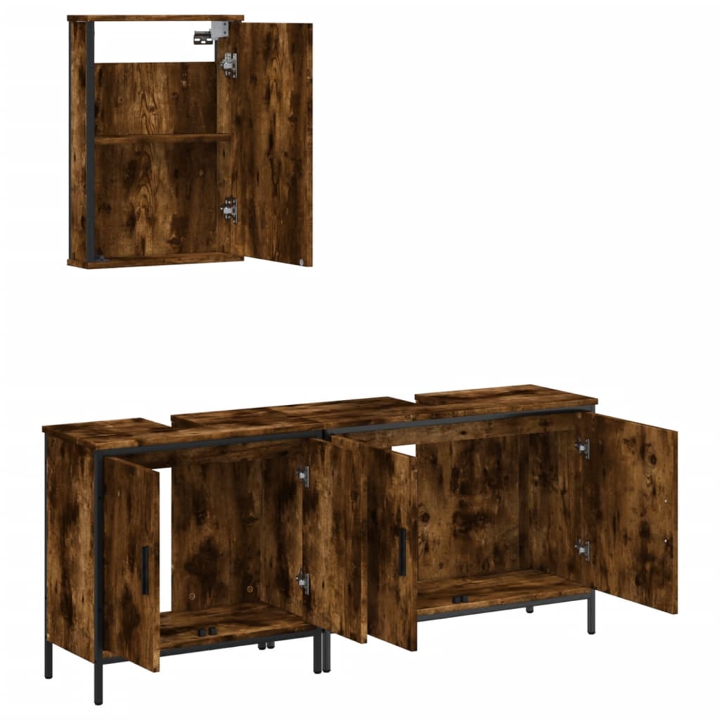 Set mobilier de baie, 3 piese, stejar fumuriu, lemn prelucrat