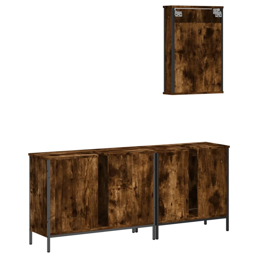 Set mobilier de baie, 3 piese, stejar fumuriu, lemn prelucrat