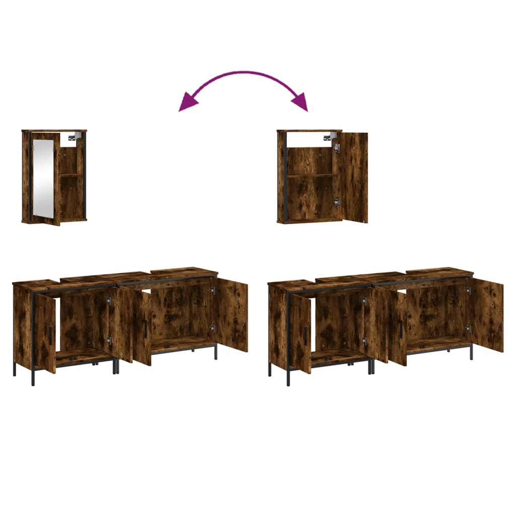Set mobilier de baie, 3 piese, stejar fumuriu, lemn prelucrat