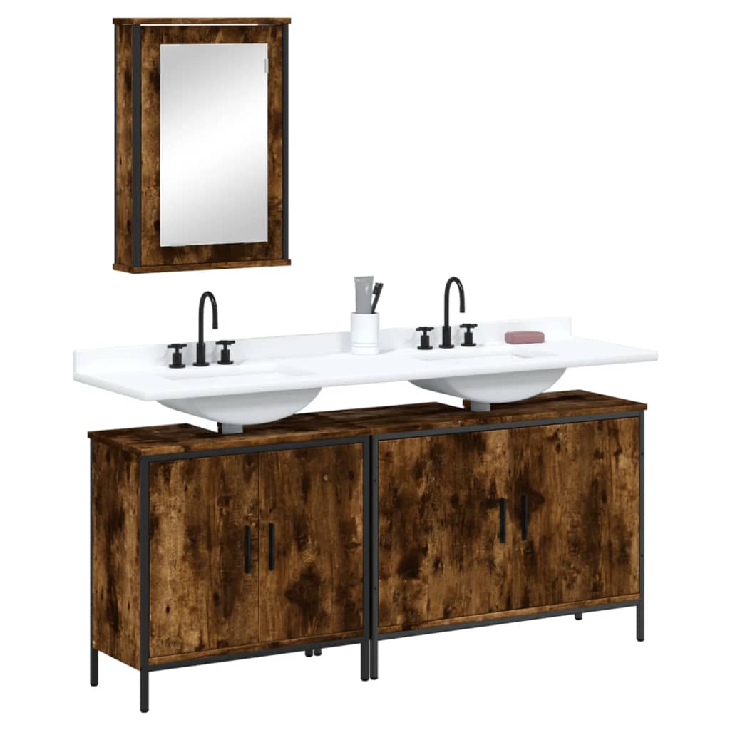 Set mobilier de baie, 3 piese, stejar fumuriu, lemn prelucrat
