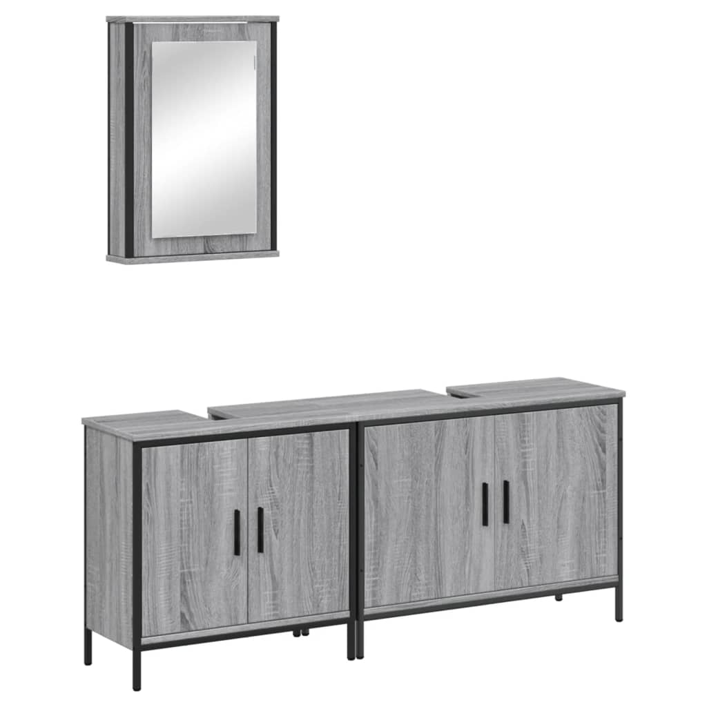 Set mobilier de baie, 3 piese, gri sonoma, lemn prelucrat