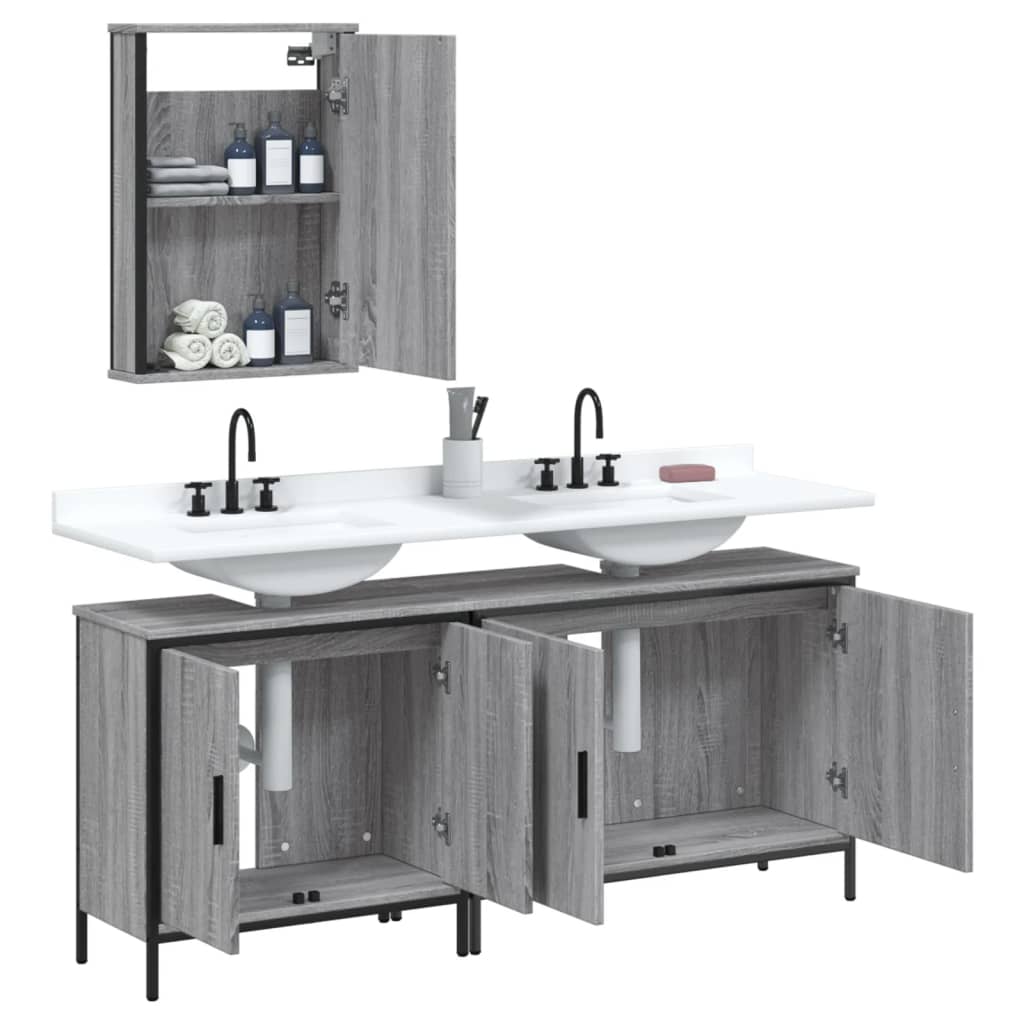 Set mobilier de baie, 3 piese, gri sonoma, lemn prelucrat