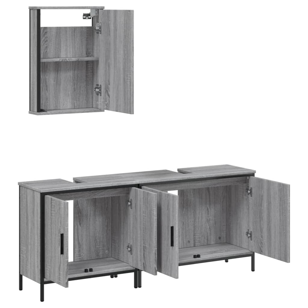 Set mobilier de baie, 3 piese, gri sonoma, lemn prelucrat