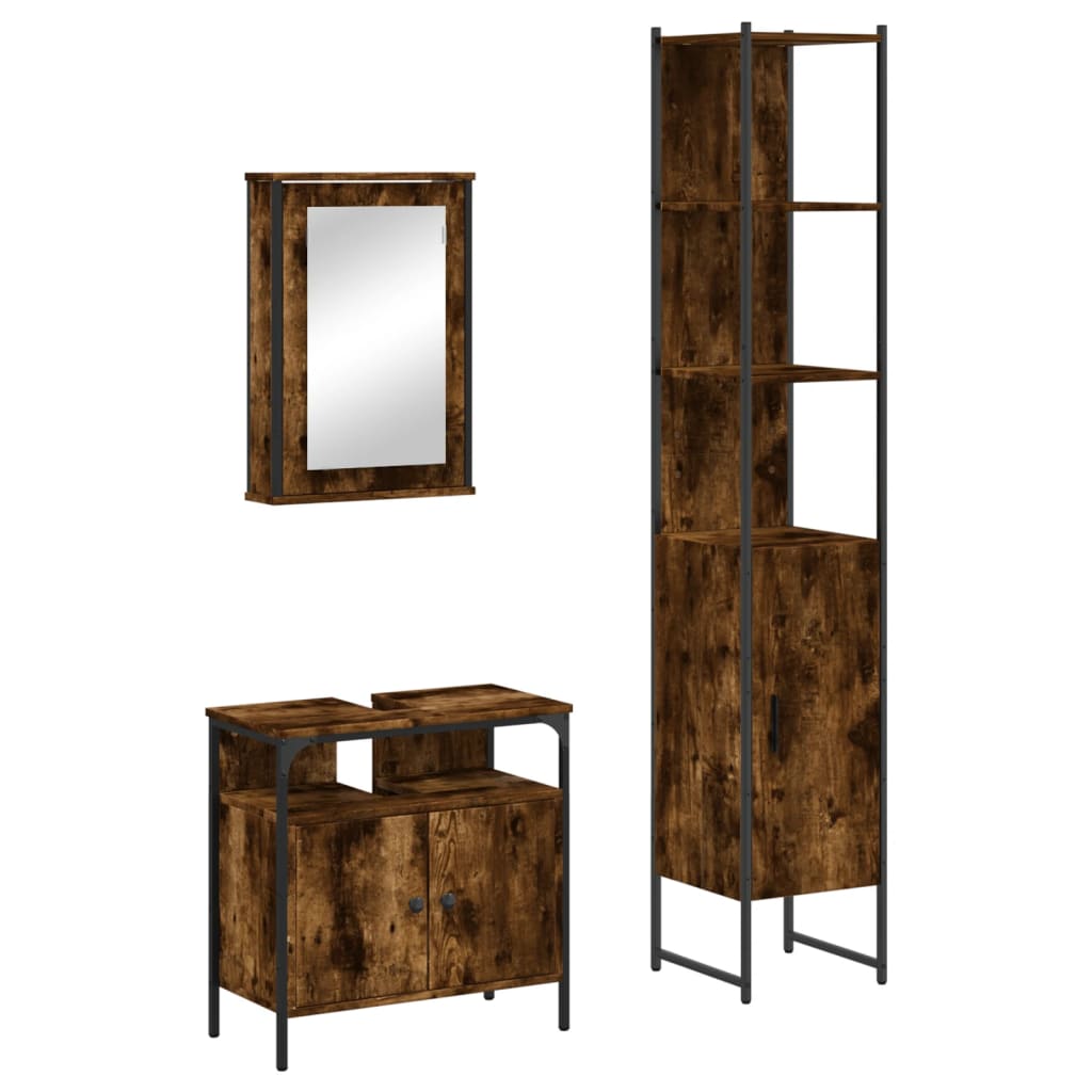 Set mobilier de baie, 3 piese, stejar fumuriu, lemn prelucrat