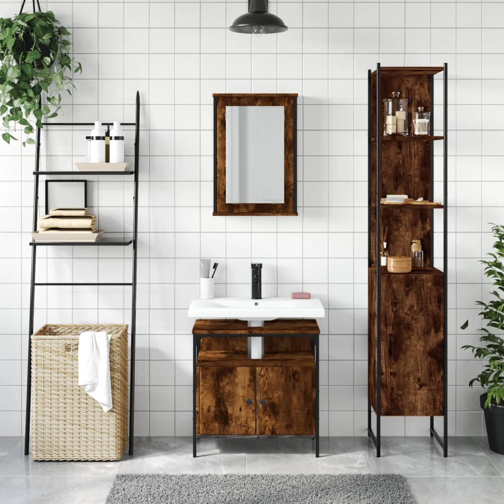 Set mobilier de baie, 3 piese, stejar fumuriu, lemn prelucrat