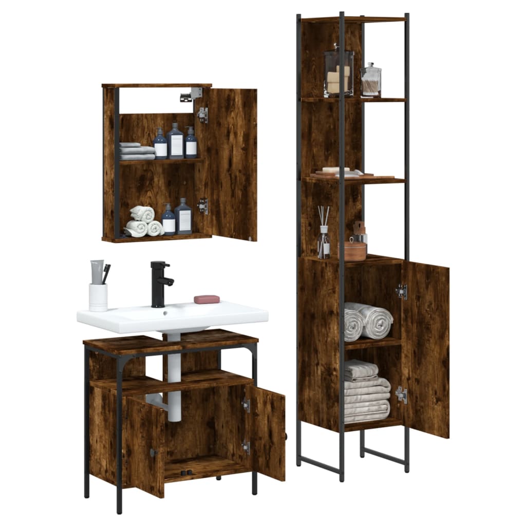 Set mobilier de baie, 3 piese, stejar fumuriu, lemn prelucrat