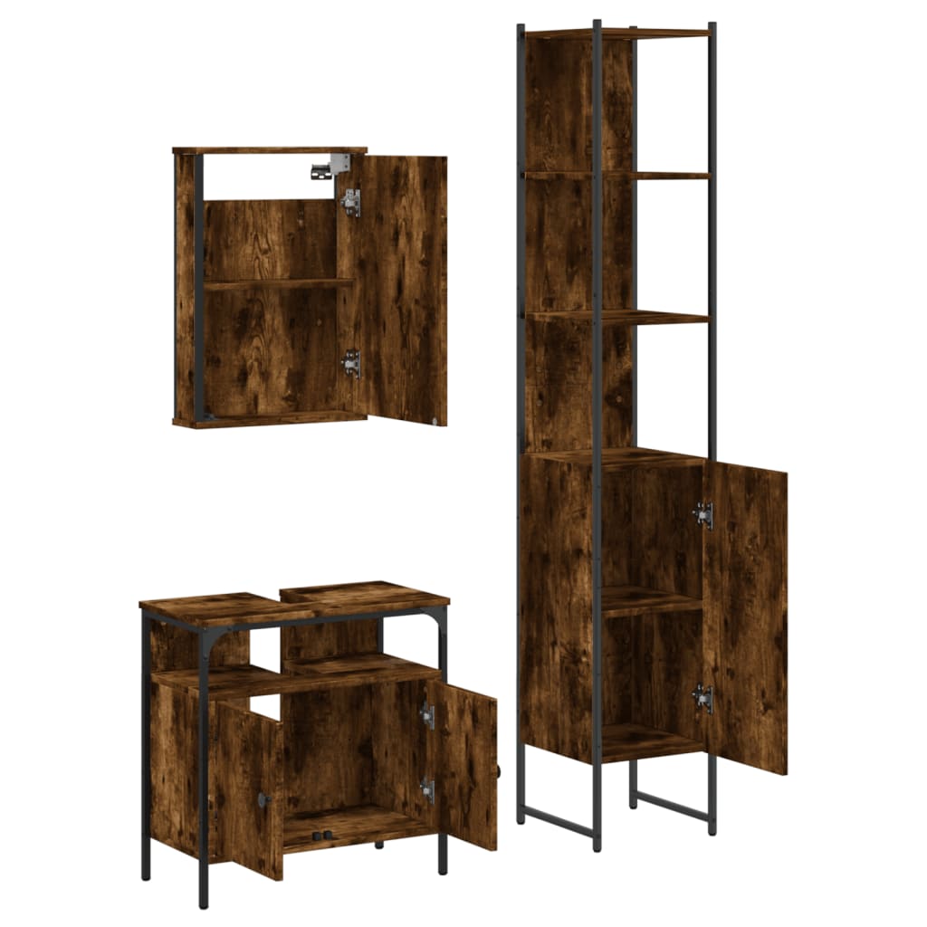 Set mobilier de baie, 3 piese, stejar fumuriu, lemn prelucrat