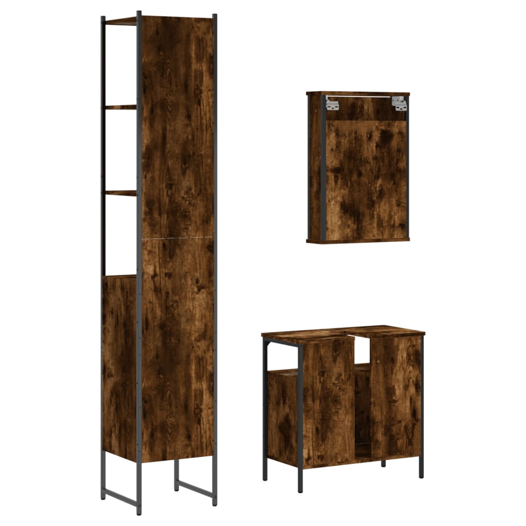 Set mobilier de baie, 3 piese, stejar fumuriu, lemn prelucrat