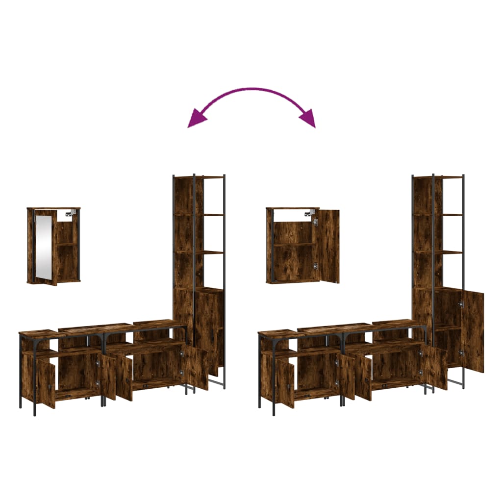Set mobilier de baie, 4 piese, stejar fumuriu, lemn prelucrat