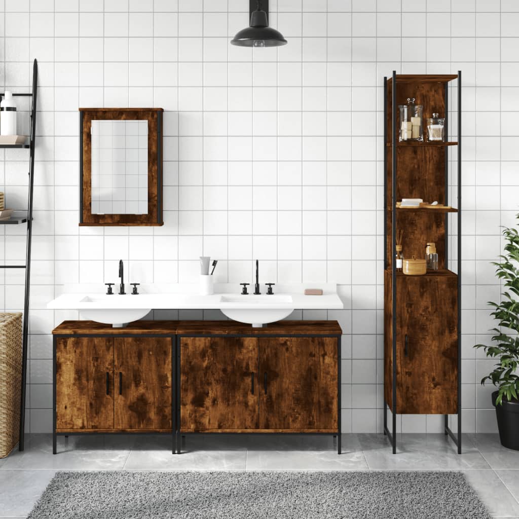 Set mobilier de baie, 4 piese, stejar fumuriu, lemn prelucrat