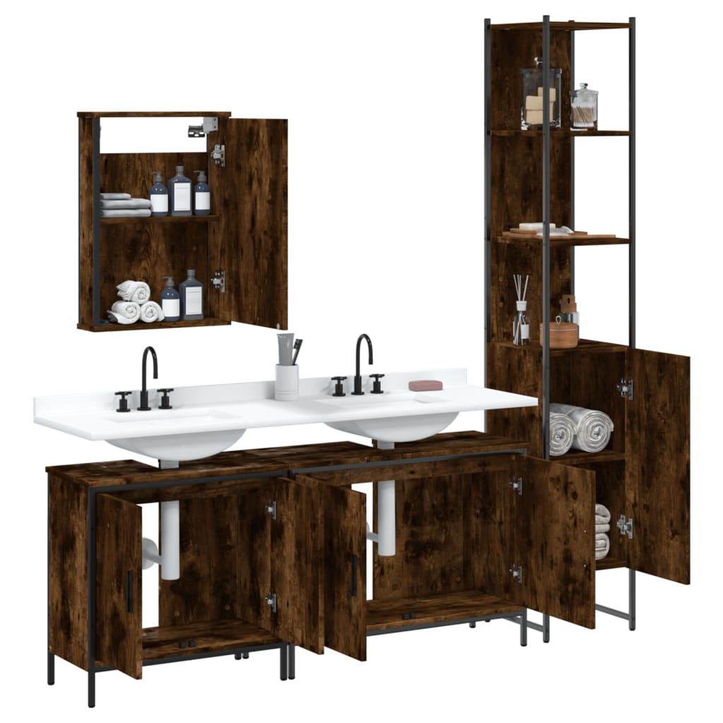 Set mobilier de baie, 4 piese, stejar fumuriu, lemn prelucrat