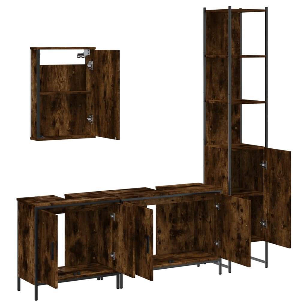 Set mobilier de baie, 4 piese, stejar fumuriu, lemn prelucrat