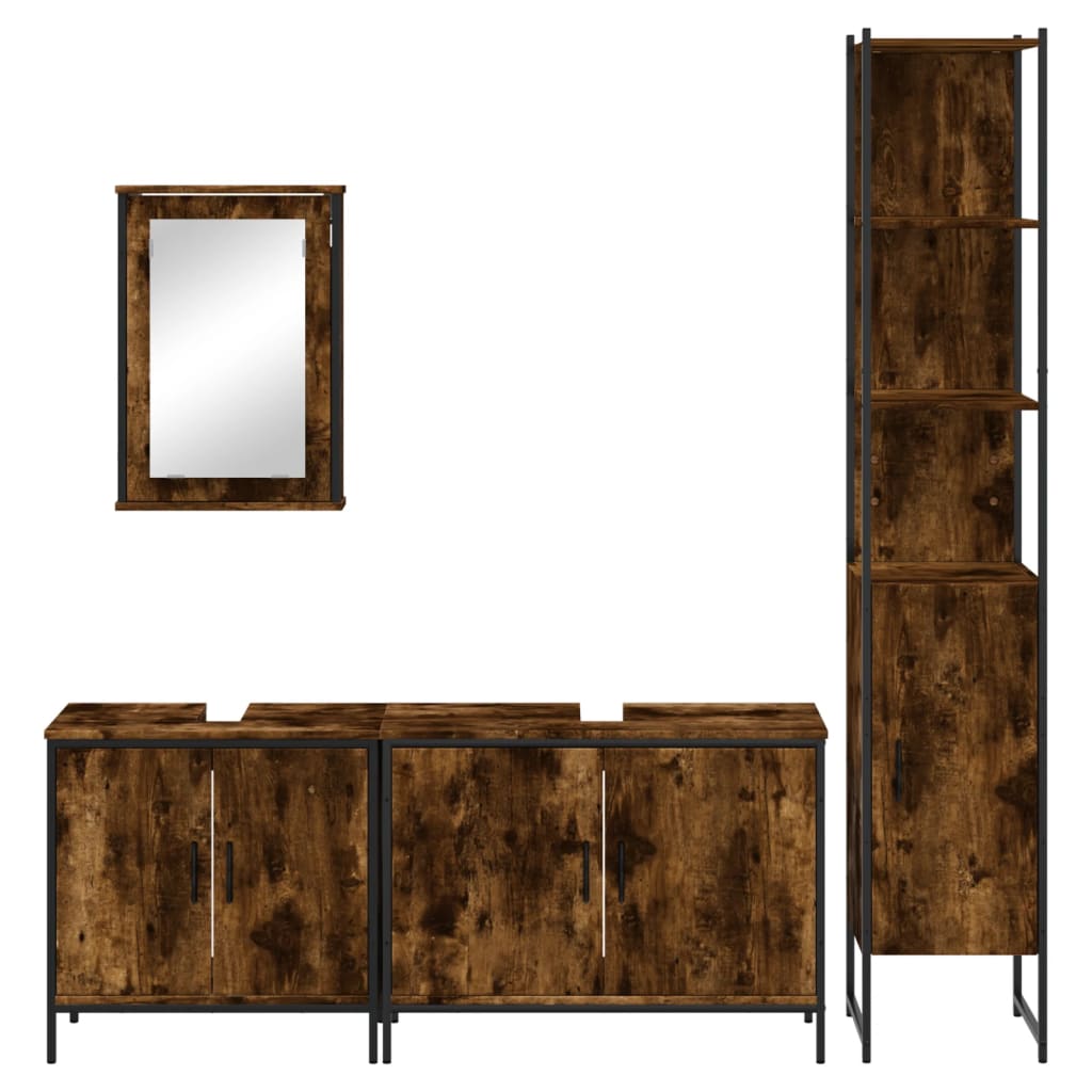 Set mobilier de baie, 4 piese, stejar fumuriu, lemn prelucrat