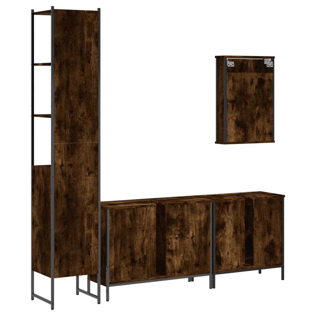 Set mobilier de baie, 4 piese, stejar fumuriu, lemn prelucrat