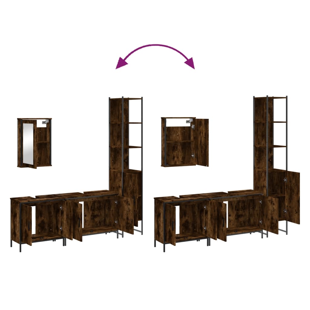 Set mobilier de baie, 4 piese, stejar fumuriu, lemn prelucrat