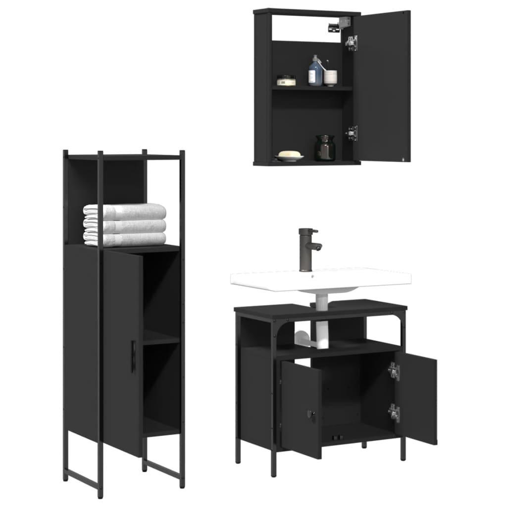 Set mobilier de baie, 3 piese, negru, lemn compozit