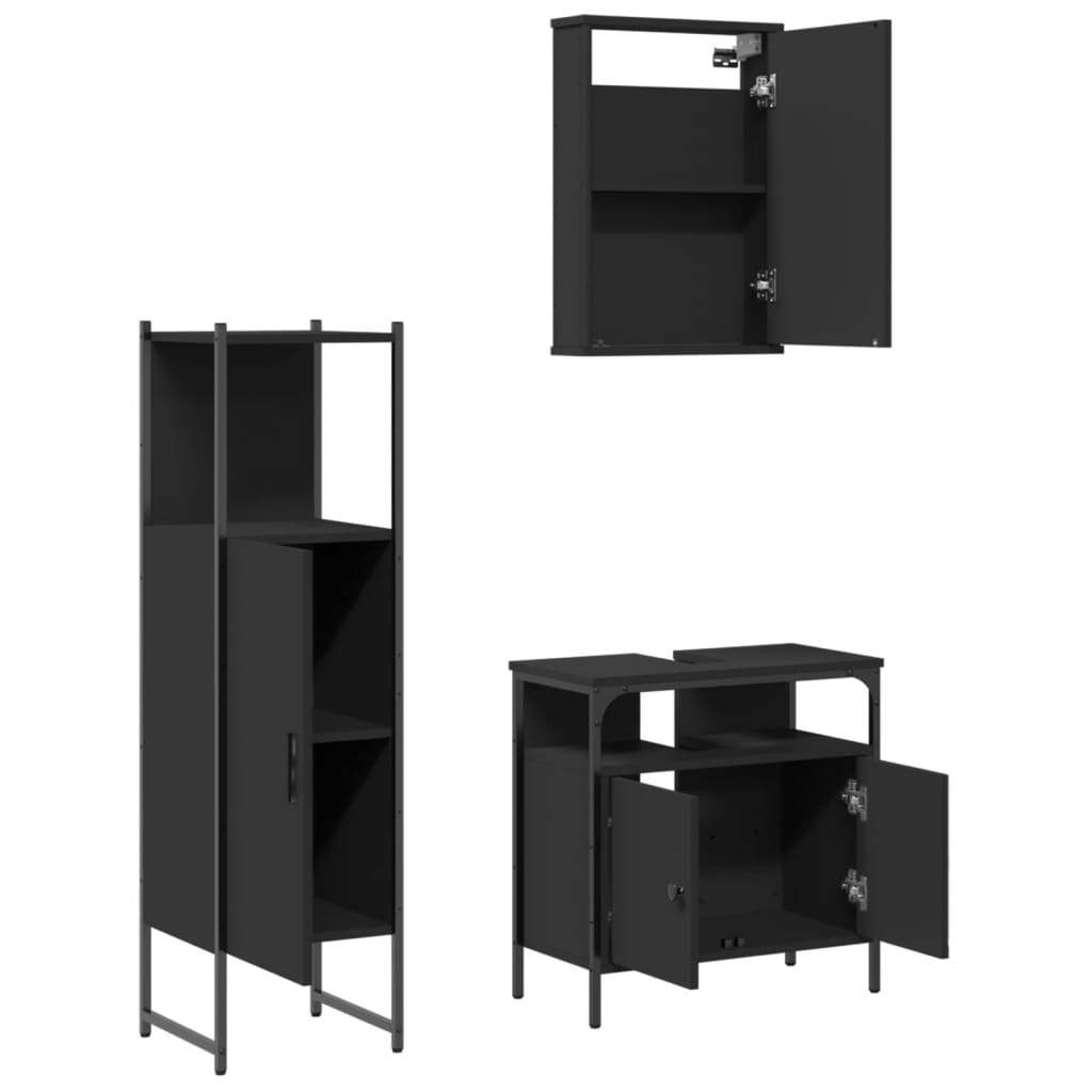 Set mobilier de baie, 3 piese, negru, lemn compozit