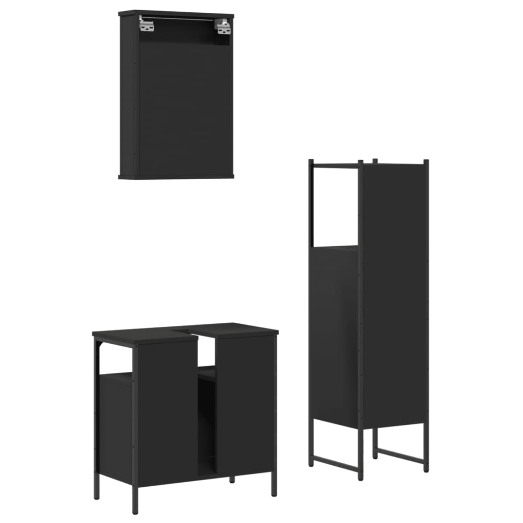 Set mobilier de baie, 3 piese, negru, lemn compozit