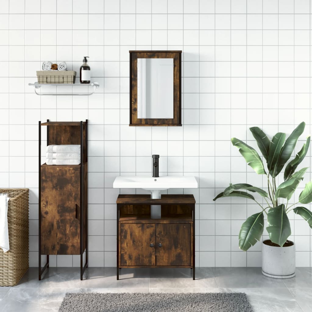 Set mobilier de baie, 3 piese, stejar fumuriu, lemn prelucrat