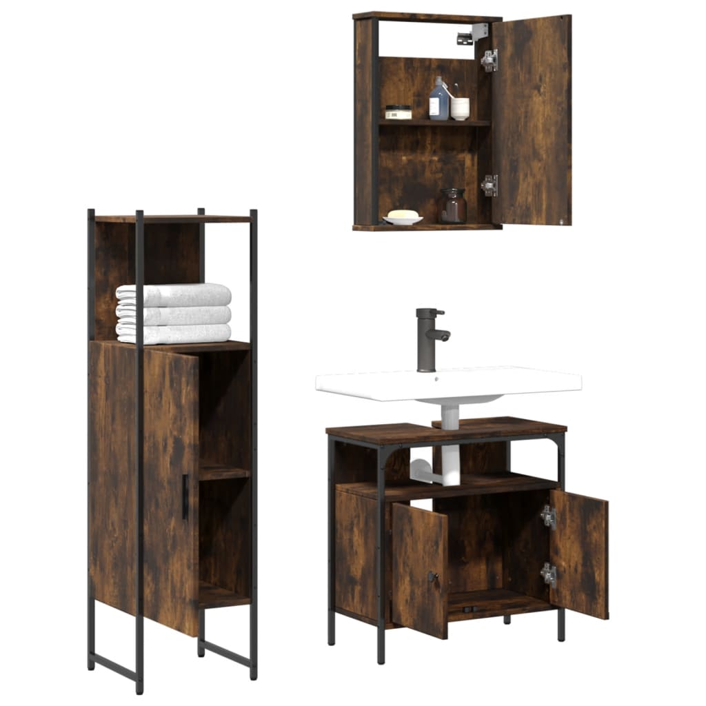 Set mobilier de baie, 3 piese, stejar fumuriu, lemn prelucrat